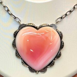 NQC100 NAVAJO Handmade GIANT HEART Queen Pink Conch Paperclip Necklace S925